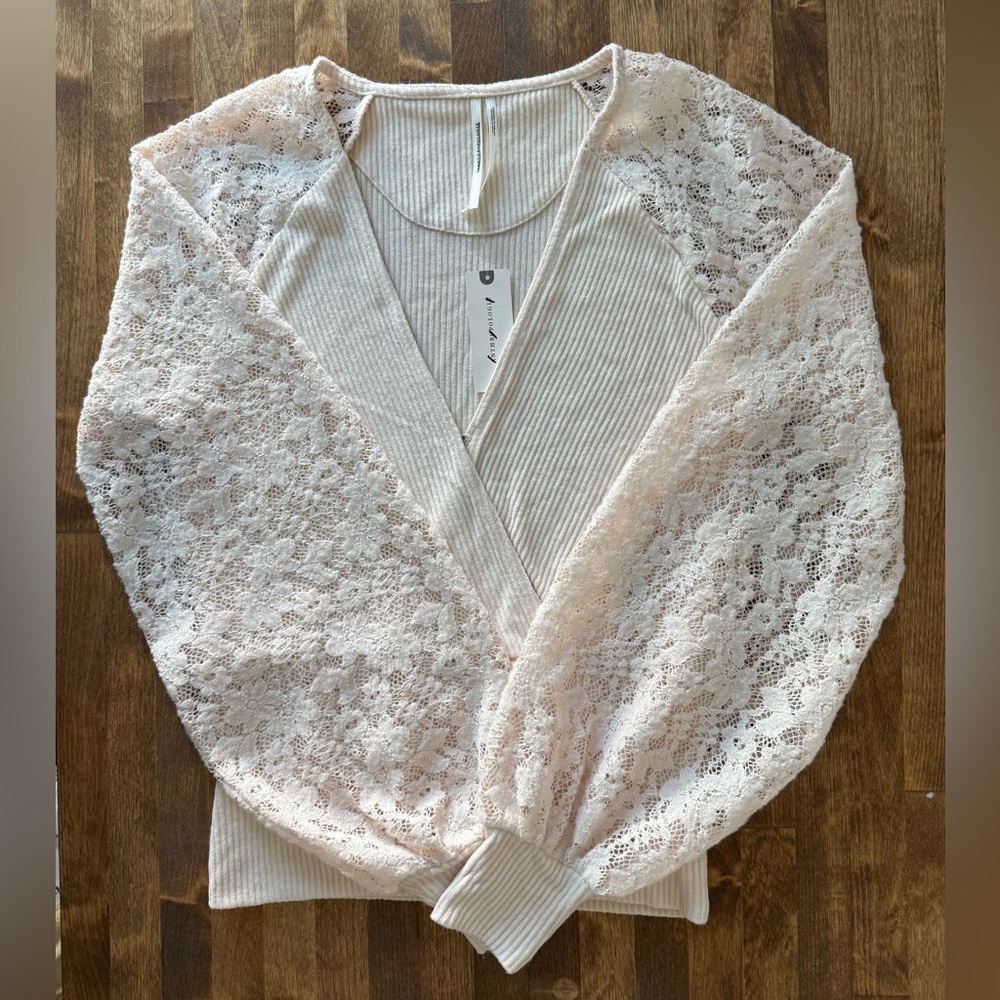 Anthropologie XS Ivory Ribbed Knit Top Lace Balloon Sleeve Blouse NWT